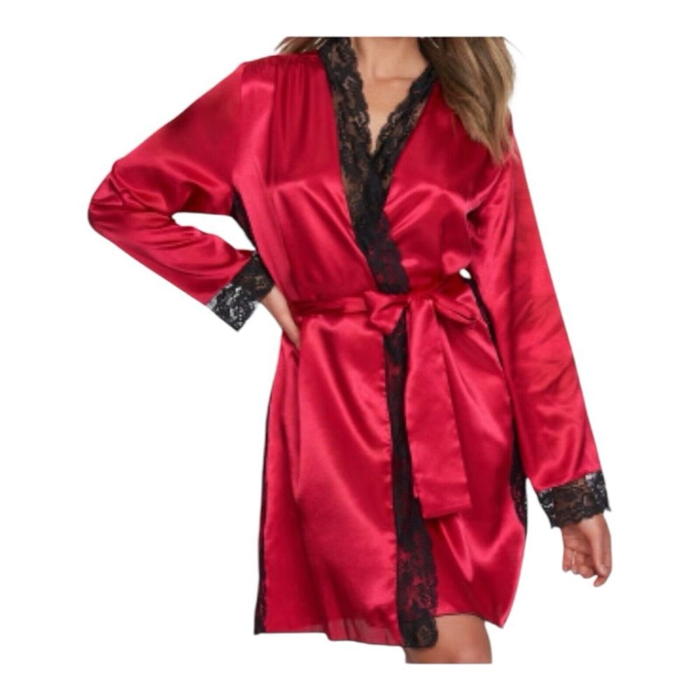 Fredericks of Hollywood Satin Lace Robe Womens Small Red Black Aspen‎ Mae